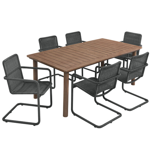 Abacus 7-Piece Rectangular Outdoor Patio Aluminum Dining Table Set with Rattan Armchairs, Slate & Walnut