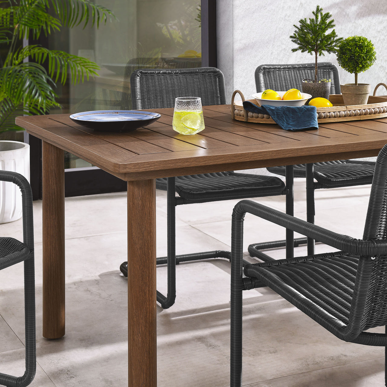 Sorella 7-Piece Rectangular Alfresco Dining Table Set with Rattan Armchairs, Slate & Walnut