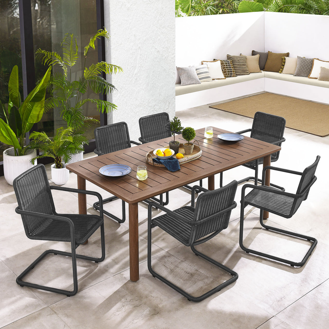 Sorella 7-Piece Rectangular Alfresco Dining Table Set with Rattan Armchairs, Slate & Walnut