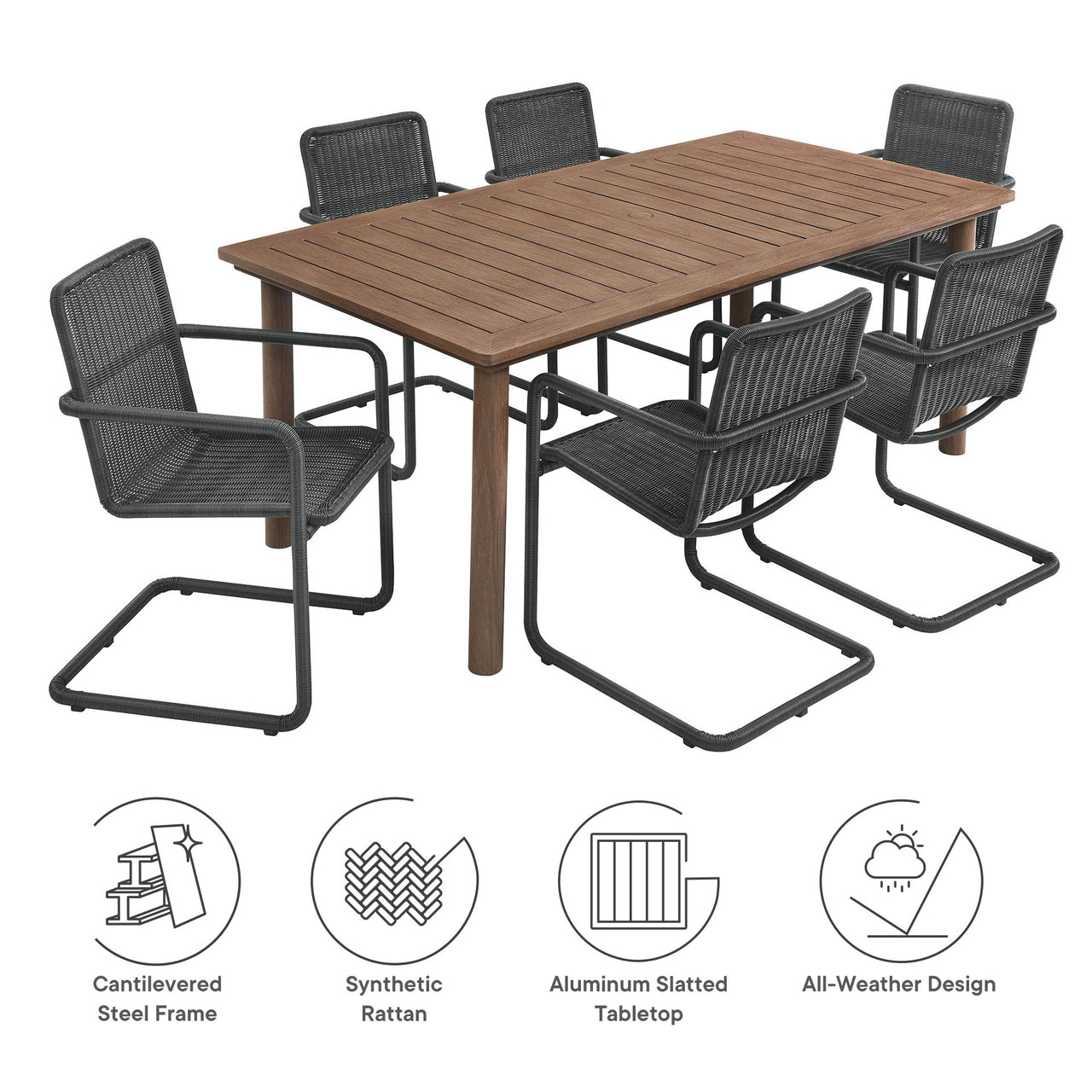 Sorella 7-Piece Rectangular Alfresco Dining Table Set with Rattan Armchairs, Slate & Walnut