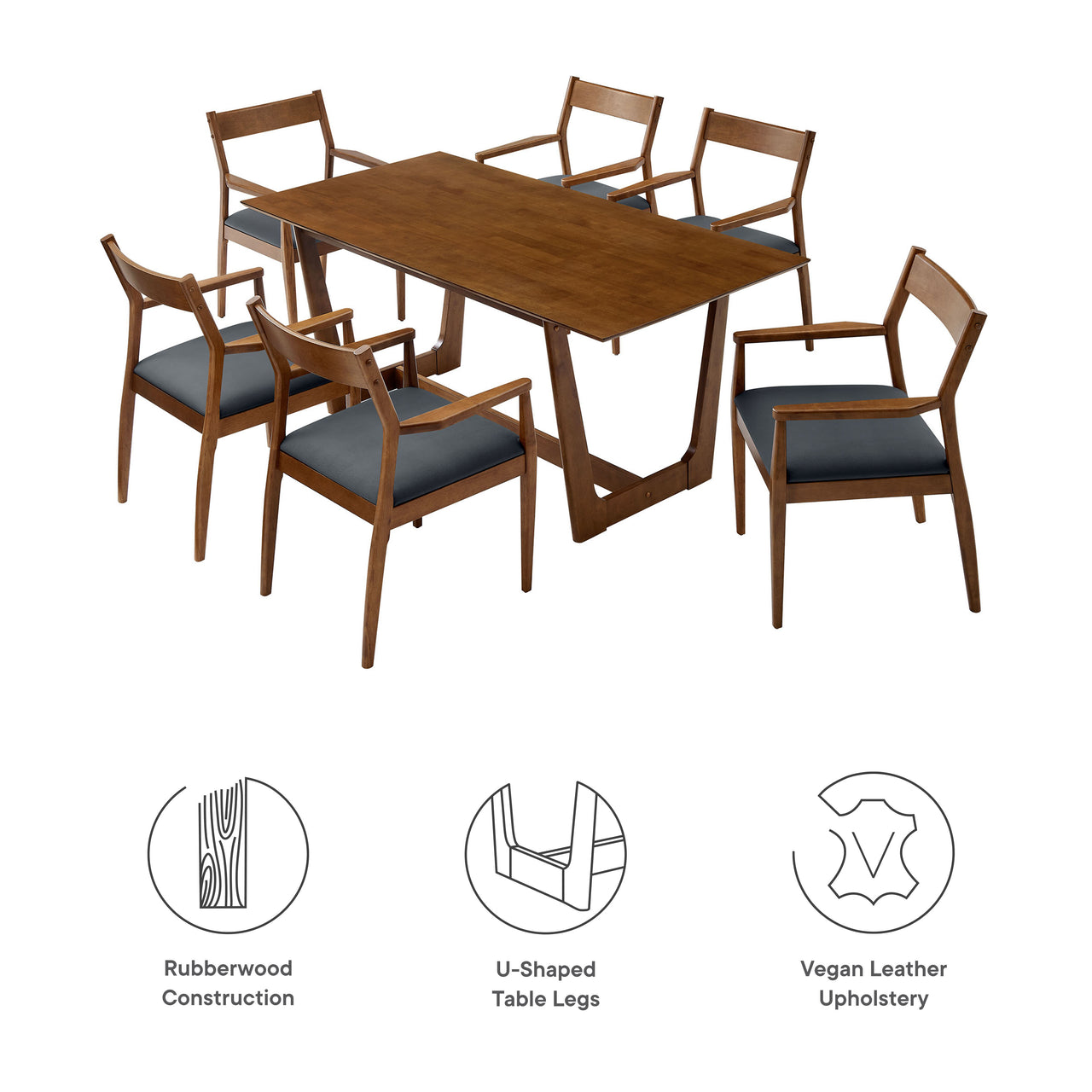 Hephaestus 7-Piece Dining Set w/ Eco-Leather Armchairs, Walnut & Black