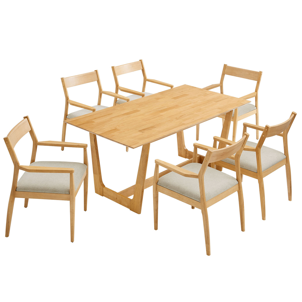 Hephaestus 7-Piece Dining Set w/ Fabric Armchairs, Natural Wood & Beige