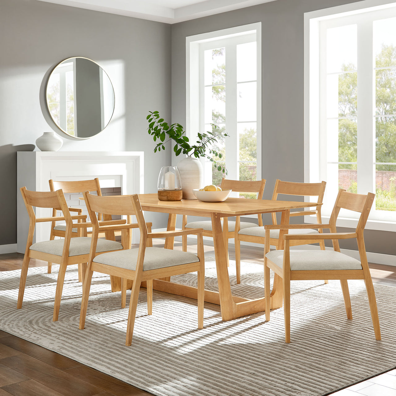 Hephaestus 7-Piece Dining Set w/ Fabric Armchairs, Natural Wood & Beige