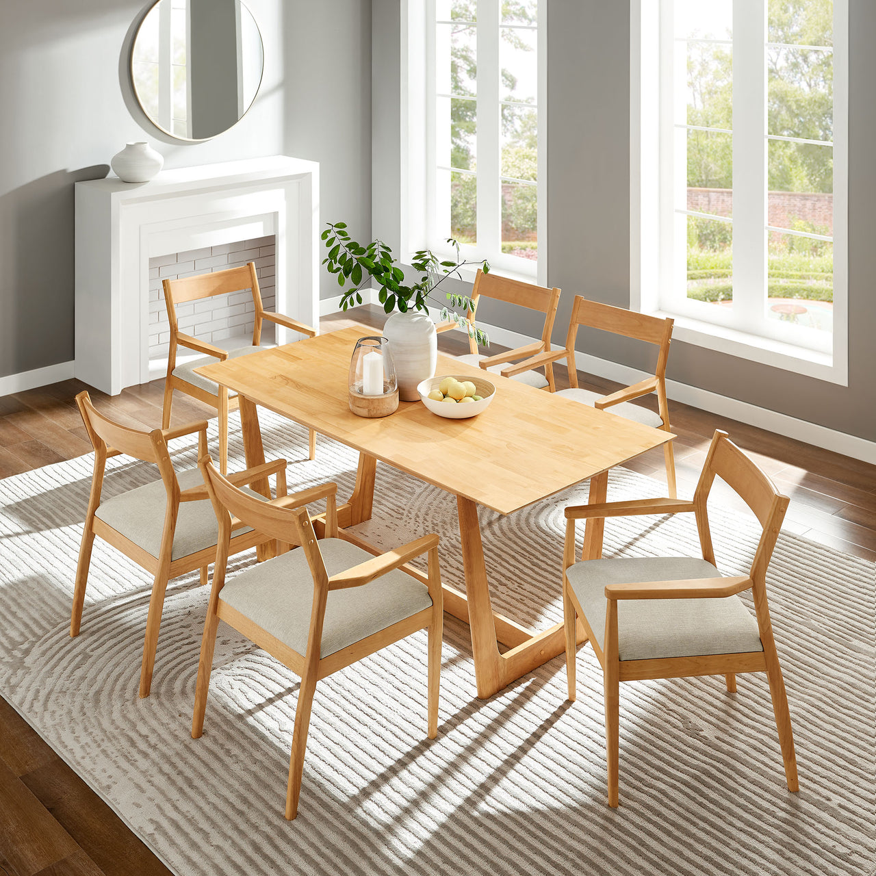 Hephaestus 7-Piece Dining Set w/ Fabric Armchairs, Natural Wood & Beige