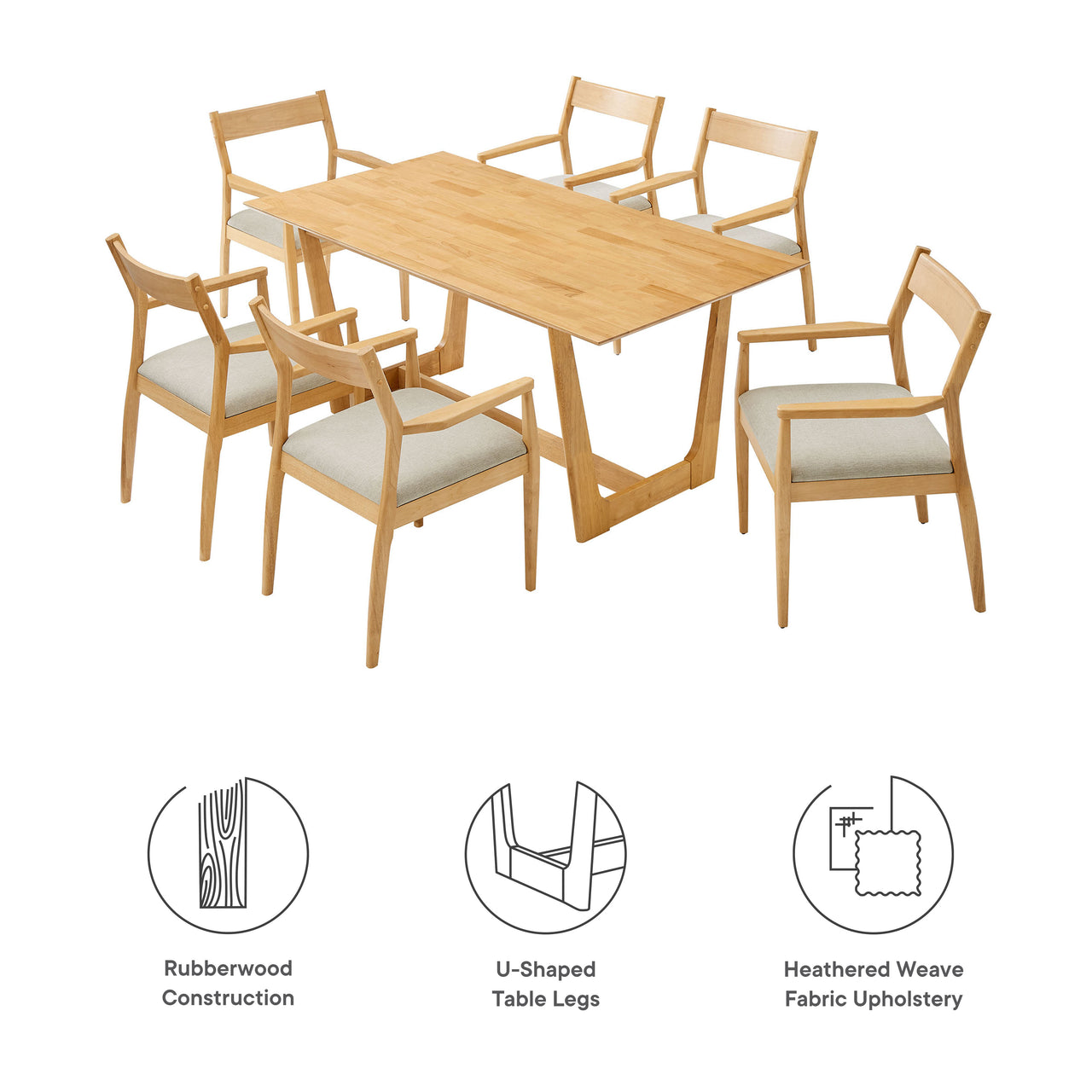 Hephaestus 7-Piece Dining Set w/ Fabric Armchairs, Natural Wood & Beige