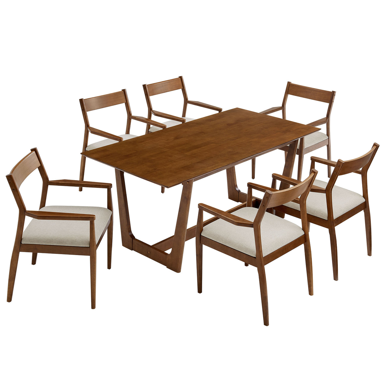 Hephaestus 7-Piece Dining Set w/ Fabric Armchairs, Walnut & Beige