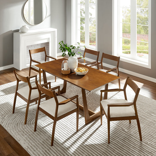 Solara 7-Piece Wood Dining Set with Fabric Upholstered Armchairs, Walnut & Heathered Weave Beige