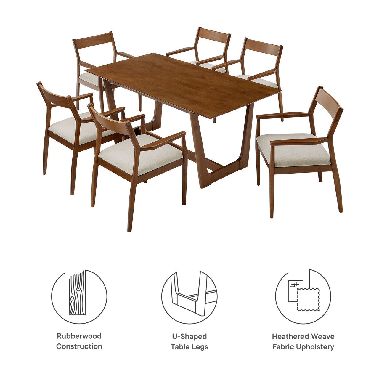 Hephaestus 7-Piece Dining Set w/ Fabric Armchairs, Walnut & Beige