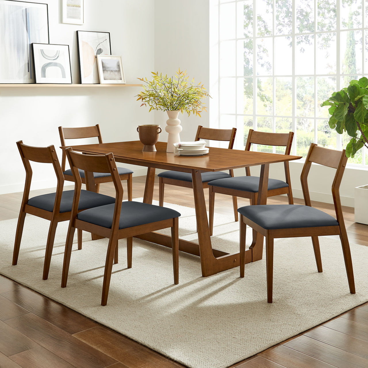 Hephaestus 7-Piece Dining Set w/ Eco-Leather Side Chairs, Walnut & Black