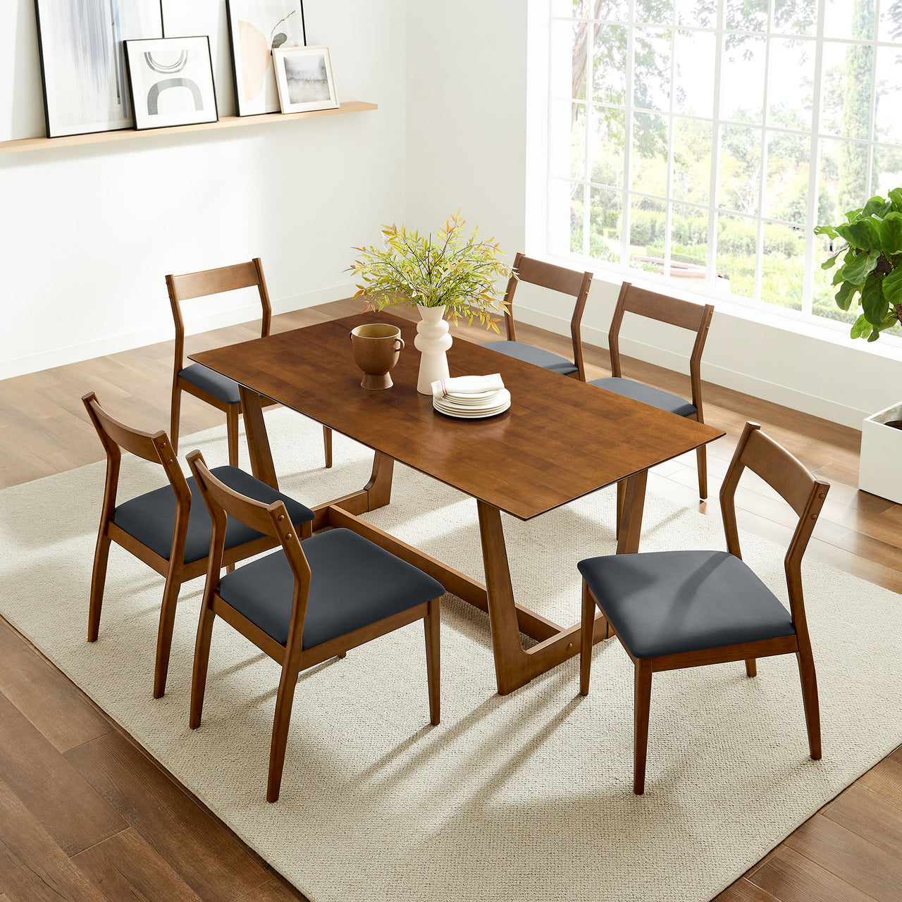 Hephaestus 7-Piece Dining Set w/ Eco-Leather Side Chairs, Walnut & Black