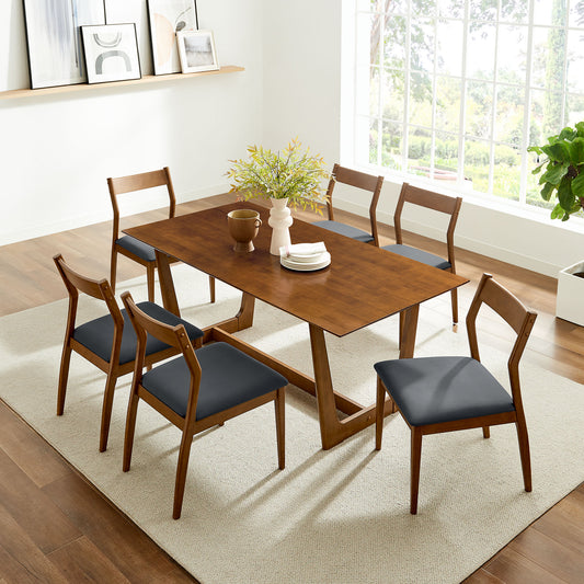 Solara 7-Piece Wood Dining Set with Vegan Leather Side Chairs, Walnut & Black