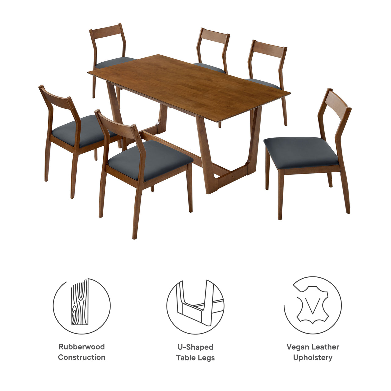Hephaestus 7-Piece Dining Set w/ Eco-Leather Side Chairs, Walnut & Black