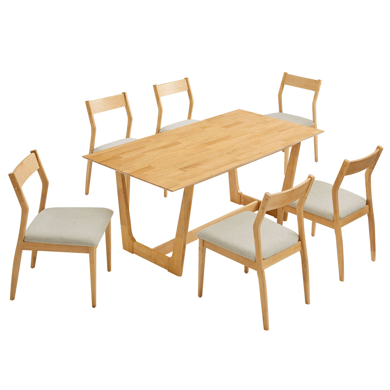 Hephaestus 7-Piece Dining Set w/ Fabric Side Chairs, Natural Wood & Beige