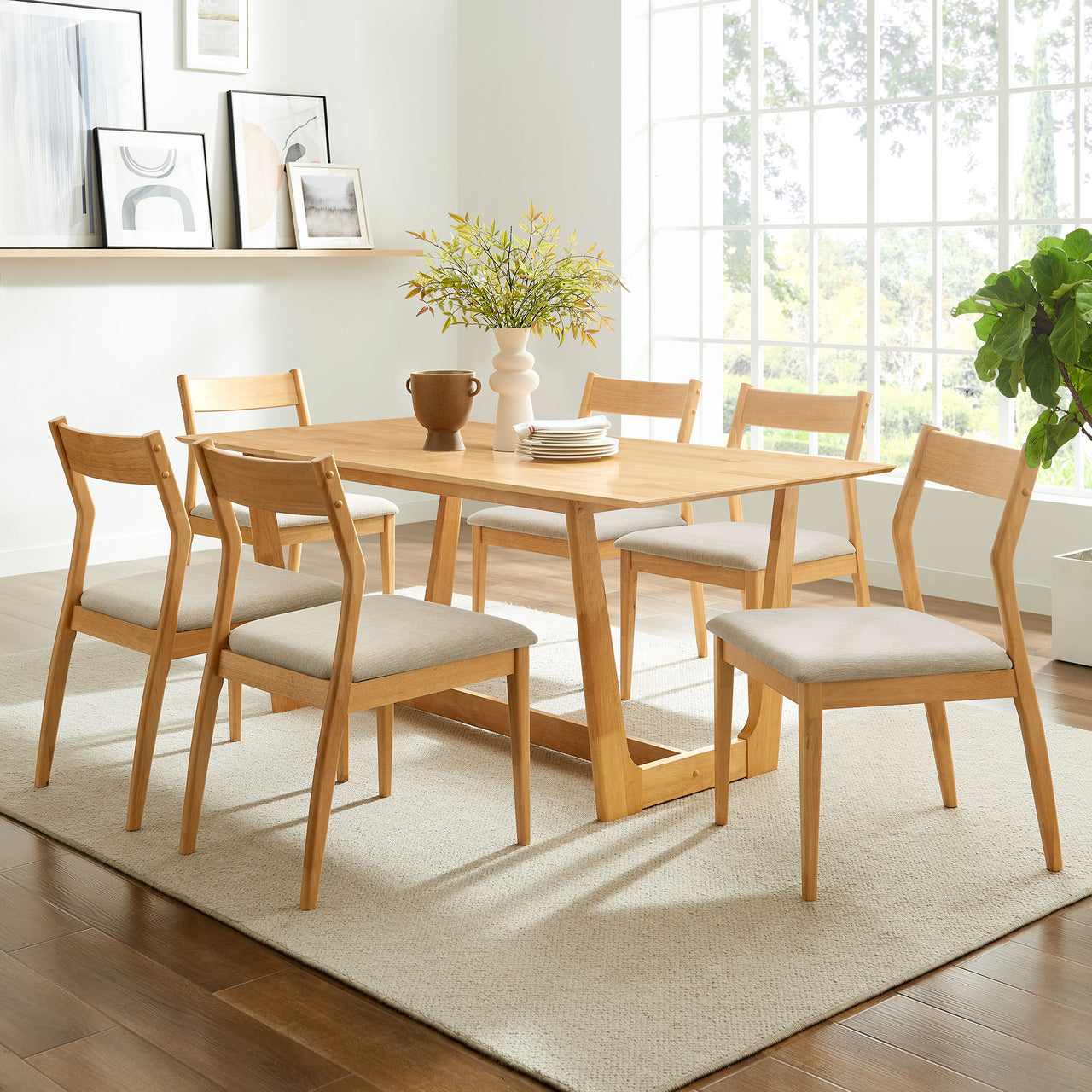 Hephaestus 7-Piece Dining Set w/ Fabric Side Chairs, Natural Wood & Beige