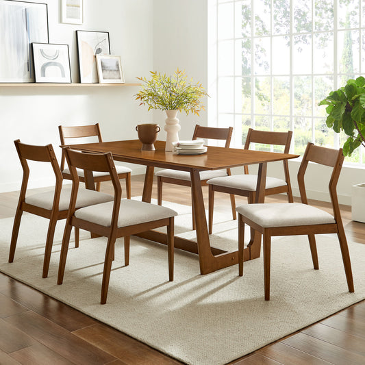 Solara 7-Piece Wood Dining Set with Fabric Upholstered Side Chairs, Walnut & Heathered Weave Beige