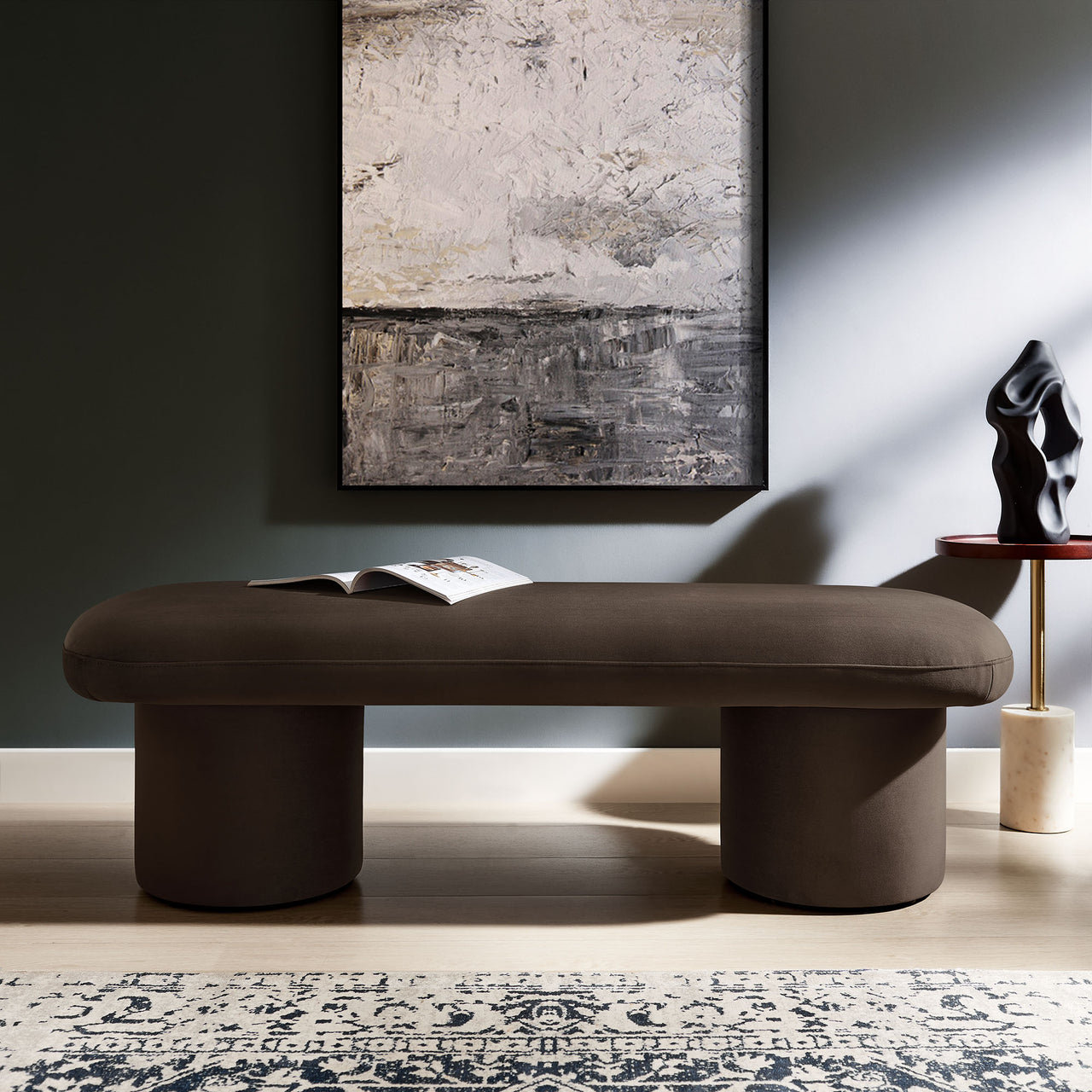 Fission Upholstered Velvet Bench, Chocolate Brown