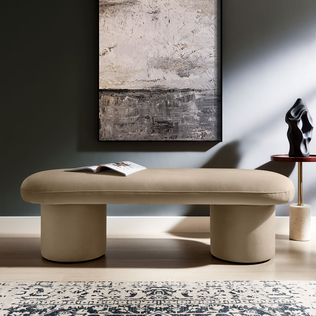 Fission Upholstered Velvet Bench, Taupe