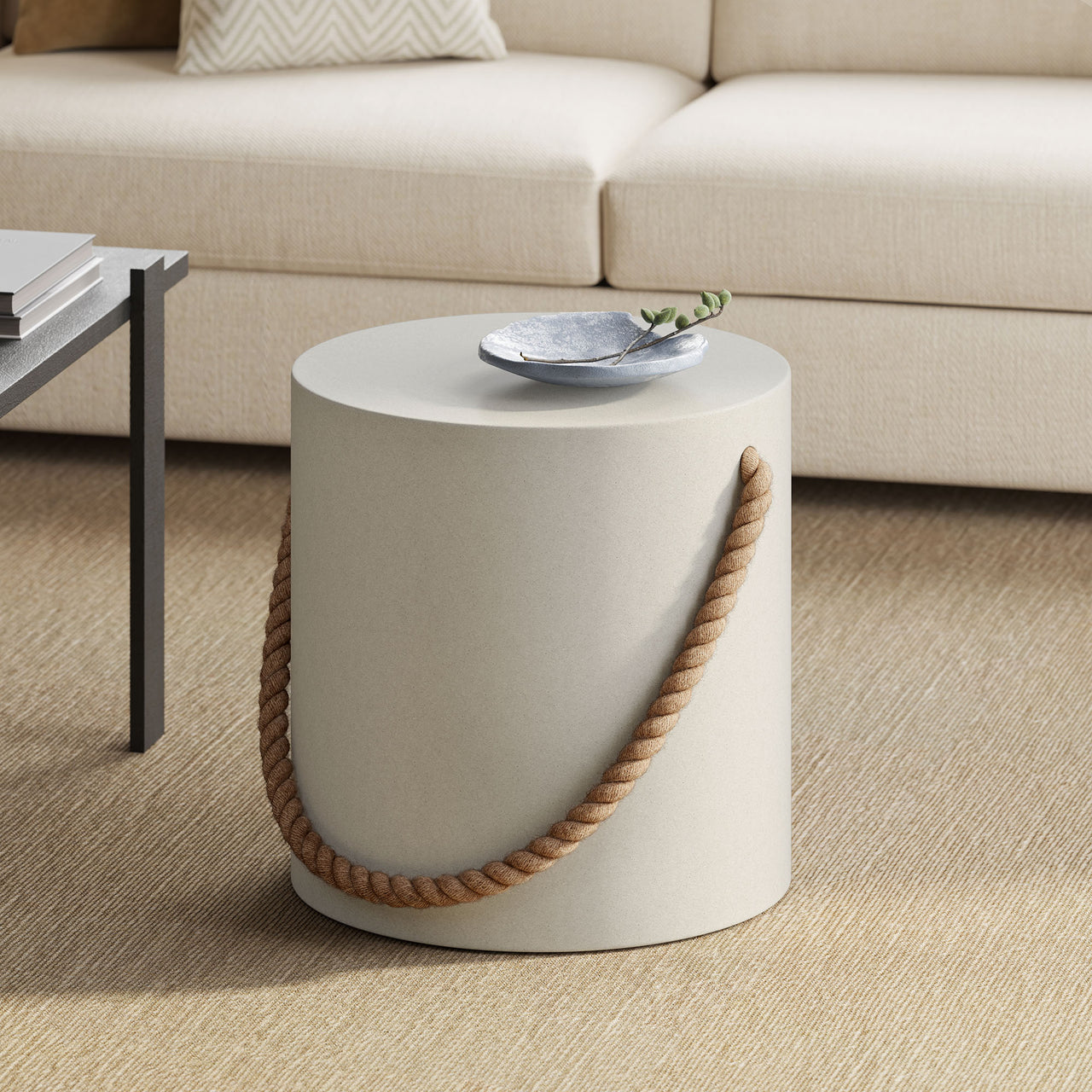 Talviera Indoor | Outdoor Patio Concrete Side Table | Stool, Light Gray