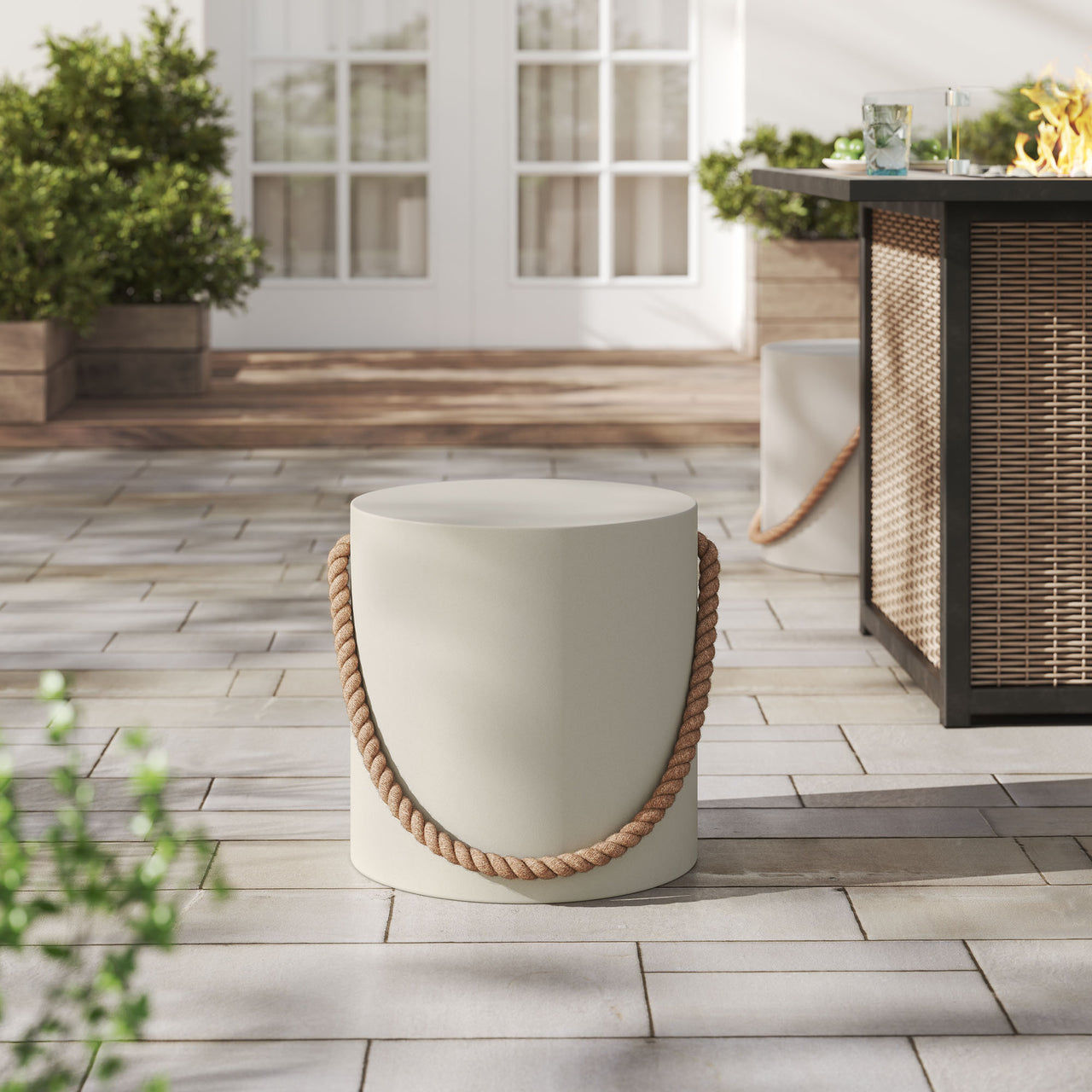 Talviera Indoor | Outdoor Patio Concrete Side Table | Stool, Light Gray