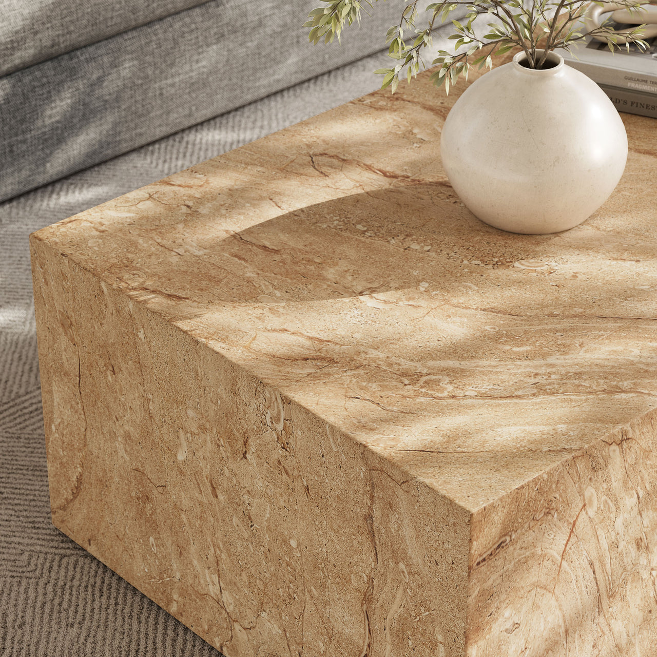 Caldera Indoor | Outdoor Faux Travertine Coffee Table, Beige