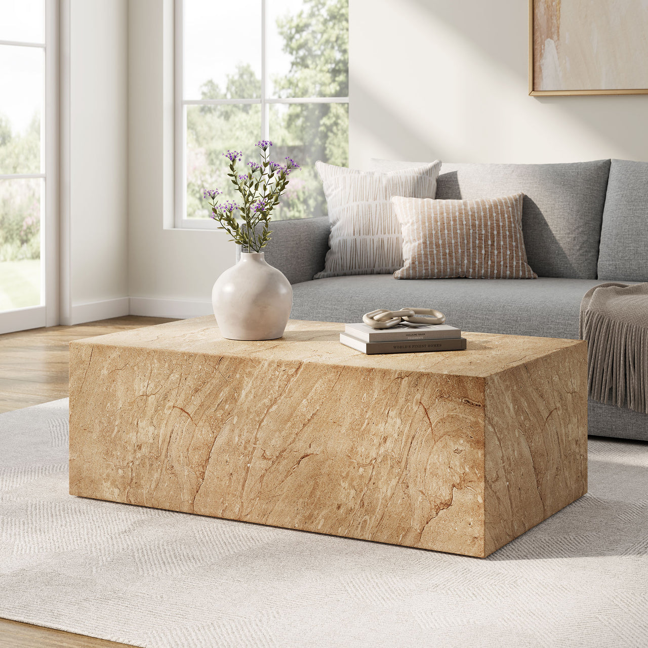 Caldera Indoor | Outdoor Faux Travertine Coffee Table, Beige