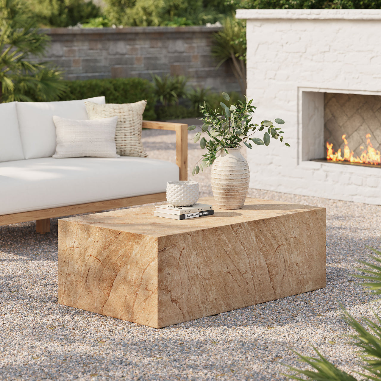 Caldera Indoor | Outdoor Faux Travertine Coffee Table, Beige