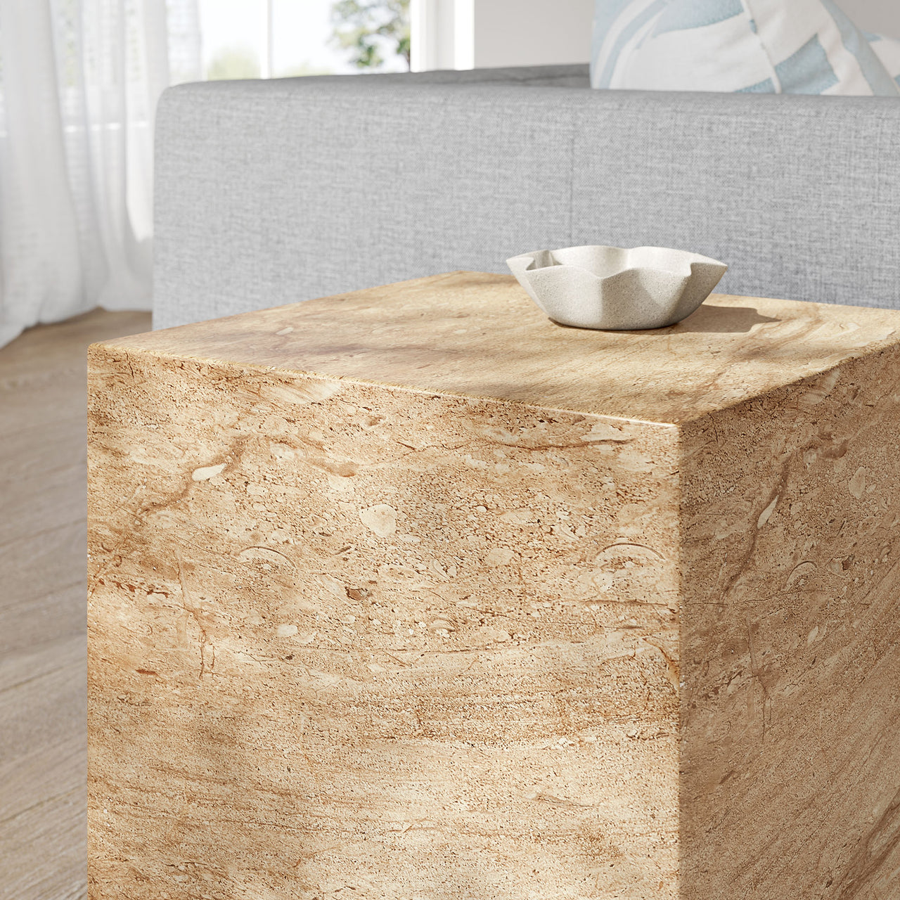 Caldera Indoor | Outdoor Faux Travertine Side Table, Beige
