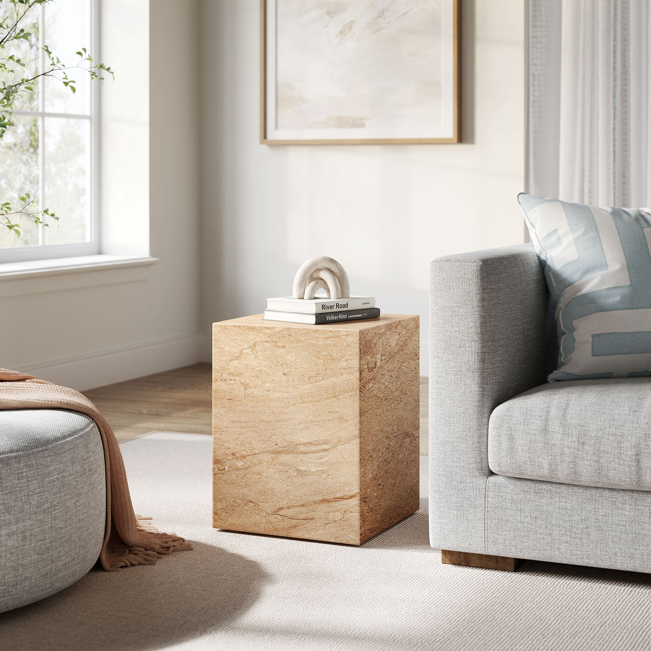 Caldera Indoor | Outdoor Faux Travertine Side Table, Beige