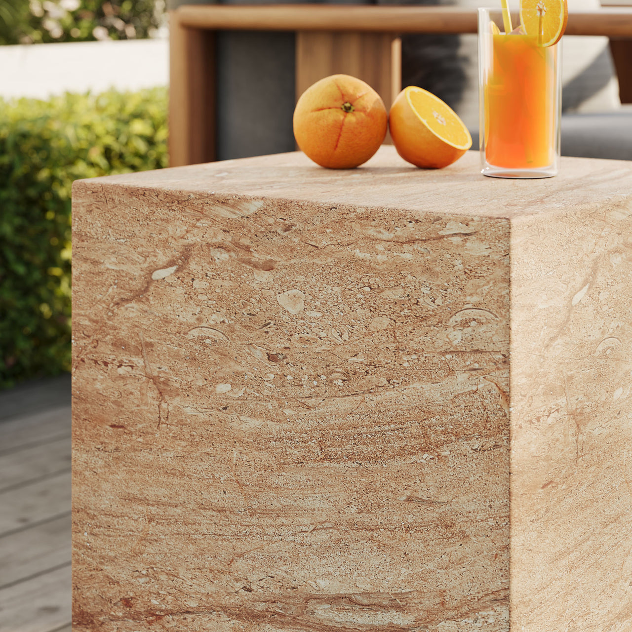 Caldera Indoor | Outdoor Faux Travertine Side Table, Beige