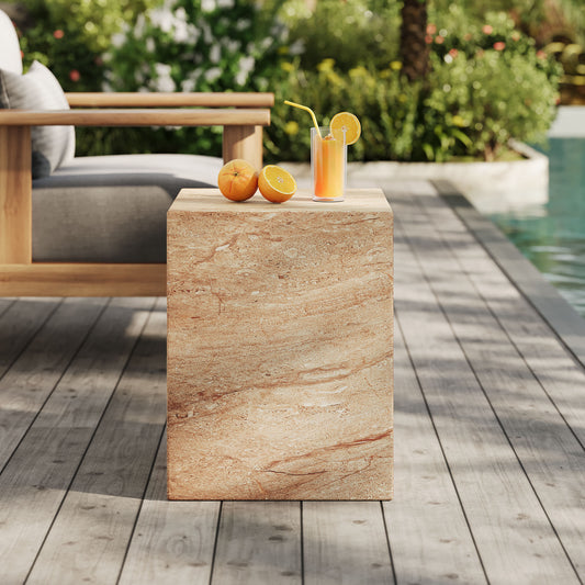 Caldera Indoor | Outdoor Faux Travertine Side Table, Beige