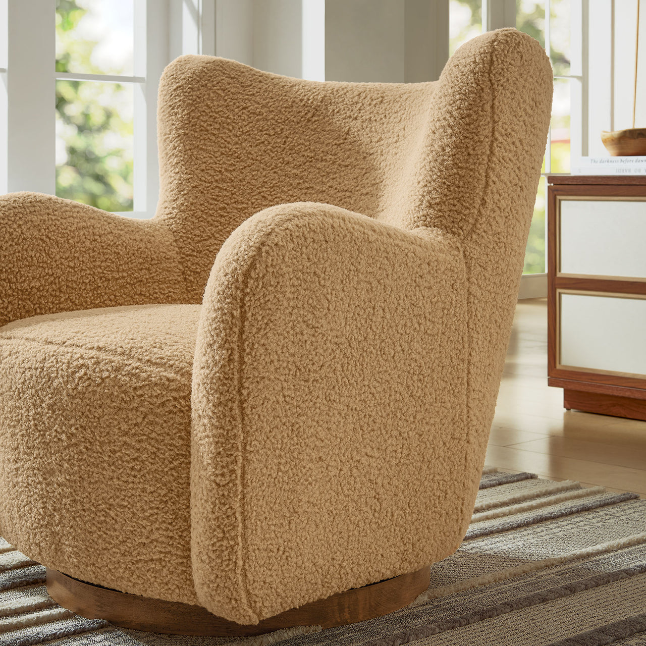 Butterfly Upholstered Swivel Accent Chair, Camel & Walnut