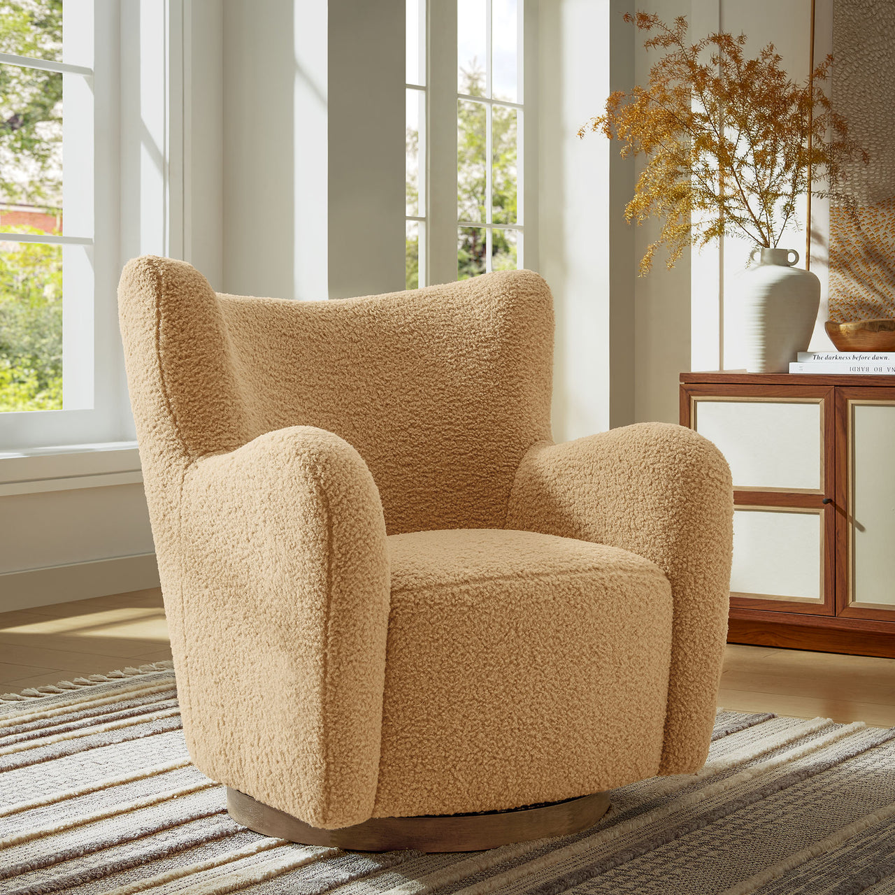 Butterfly Upholstered Swivel Accent Chair, Camel & Walnut