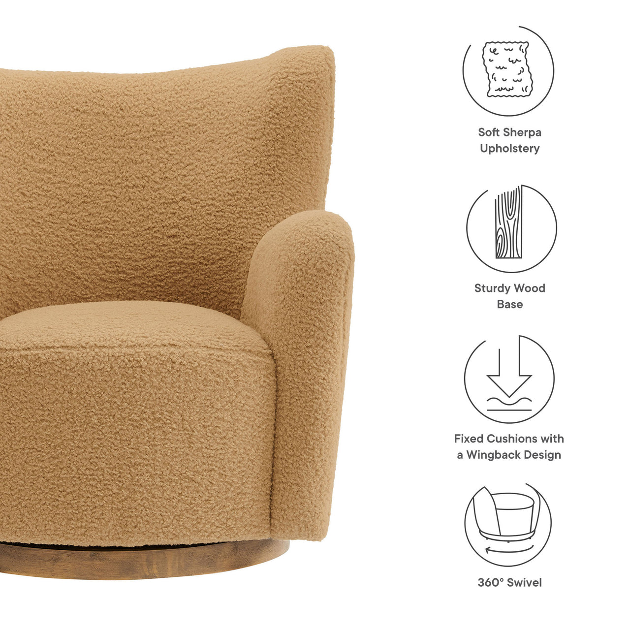 Butterfly Upholstered Swivel Accent Chair, Camel & Walnut