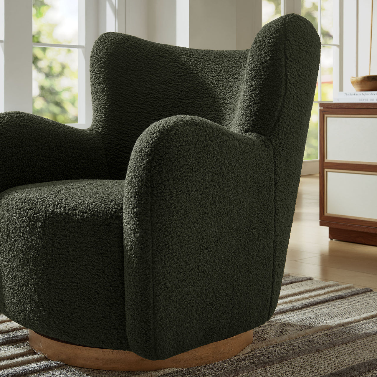 Butterfly Upholstered Swivel Accent Chair, Fern & Walnut