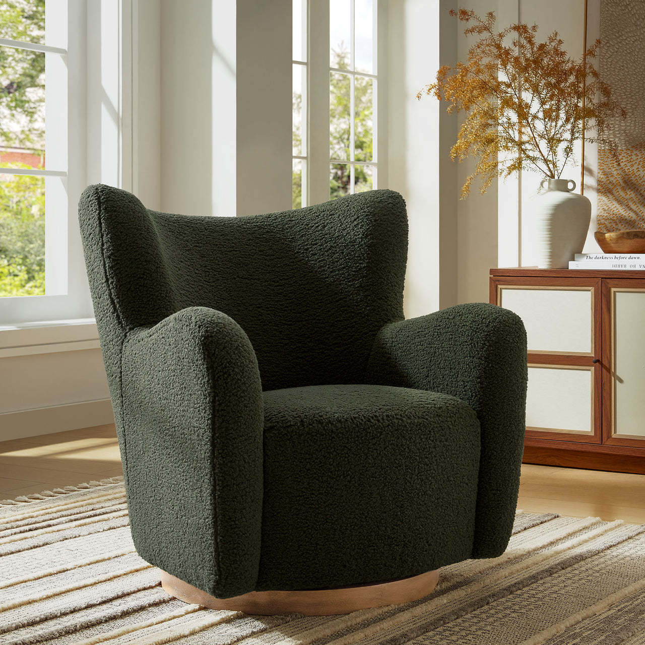 Butterfly Upholstered Swivel Accent Chair, Fern & Walnut