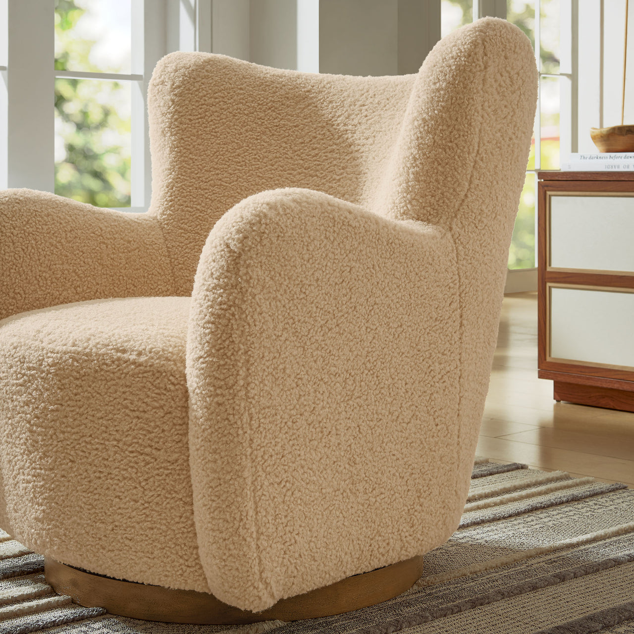 Butterfly Upholstered Swivel Accent Chair, Ivory & Walnut