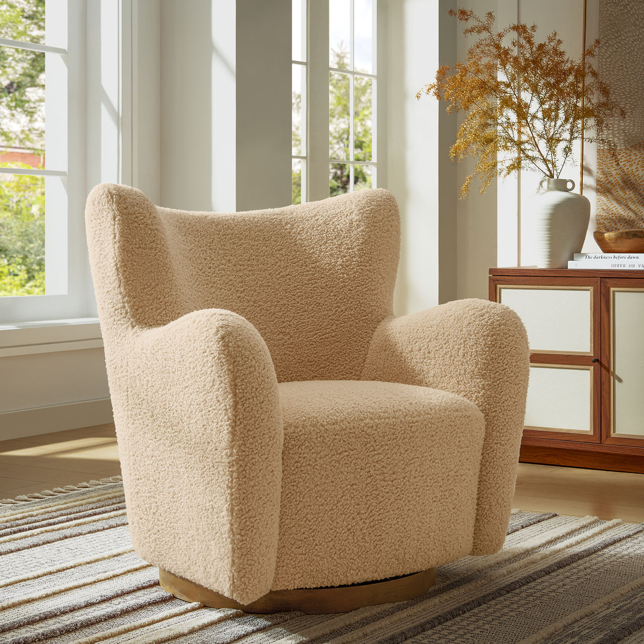 Butterfly Upholstered Swivel Accent Chair, Ivory & Walnut