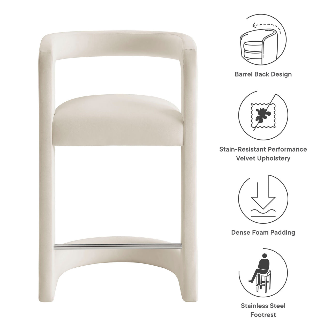 Aeria Upholstered Velvet Counter Stool, Chalk