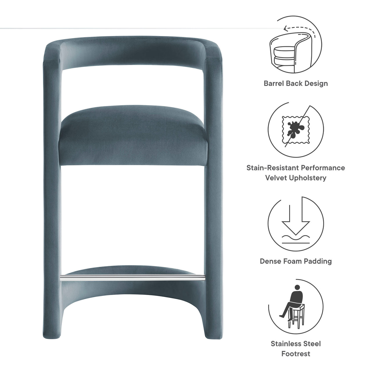 Aeria Upholstered Velvet Counter Stool, Slate