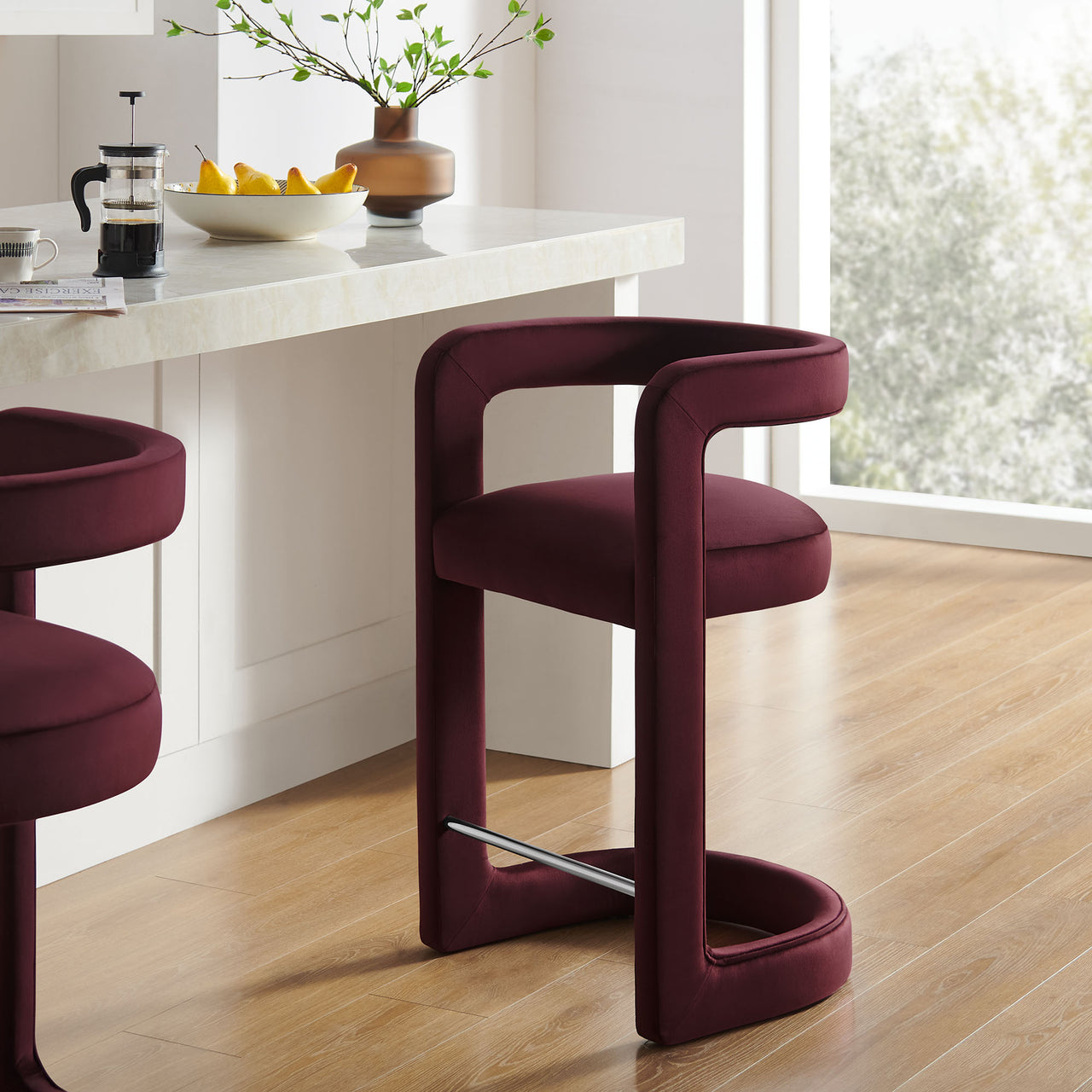 Aeria Upholstered Velvet Counter Stool, Wine