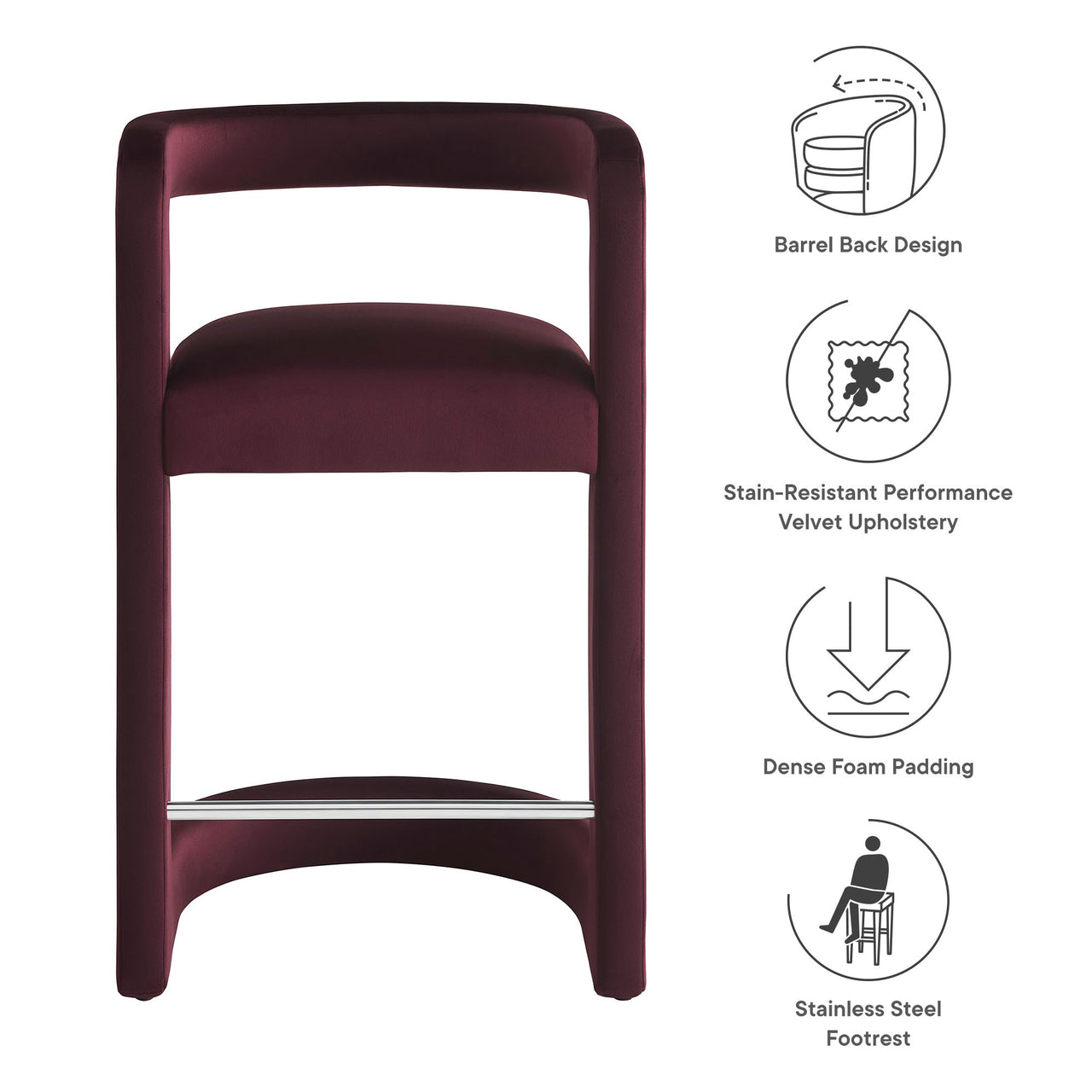 Aeria Upholstered Velvet Counter Stool, Wine