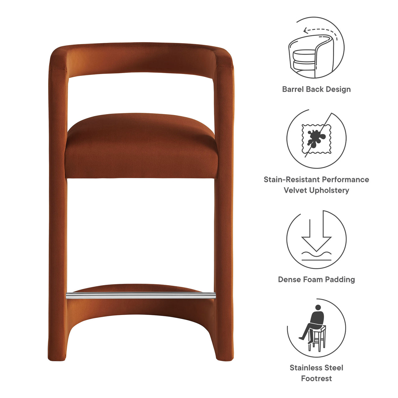 Aeria Upholstered Velvet Counter Stool, Terracotta