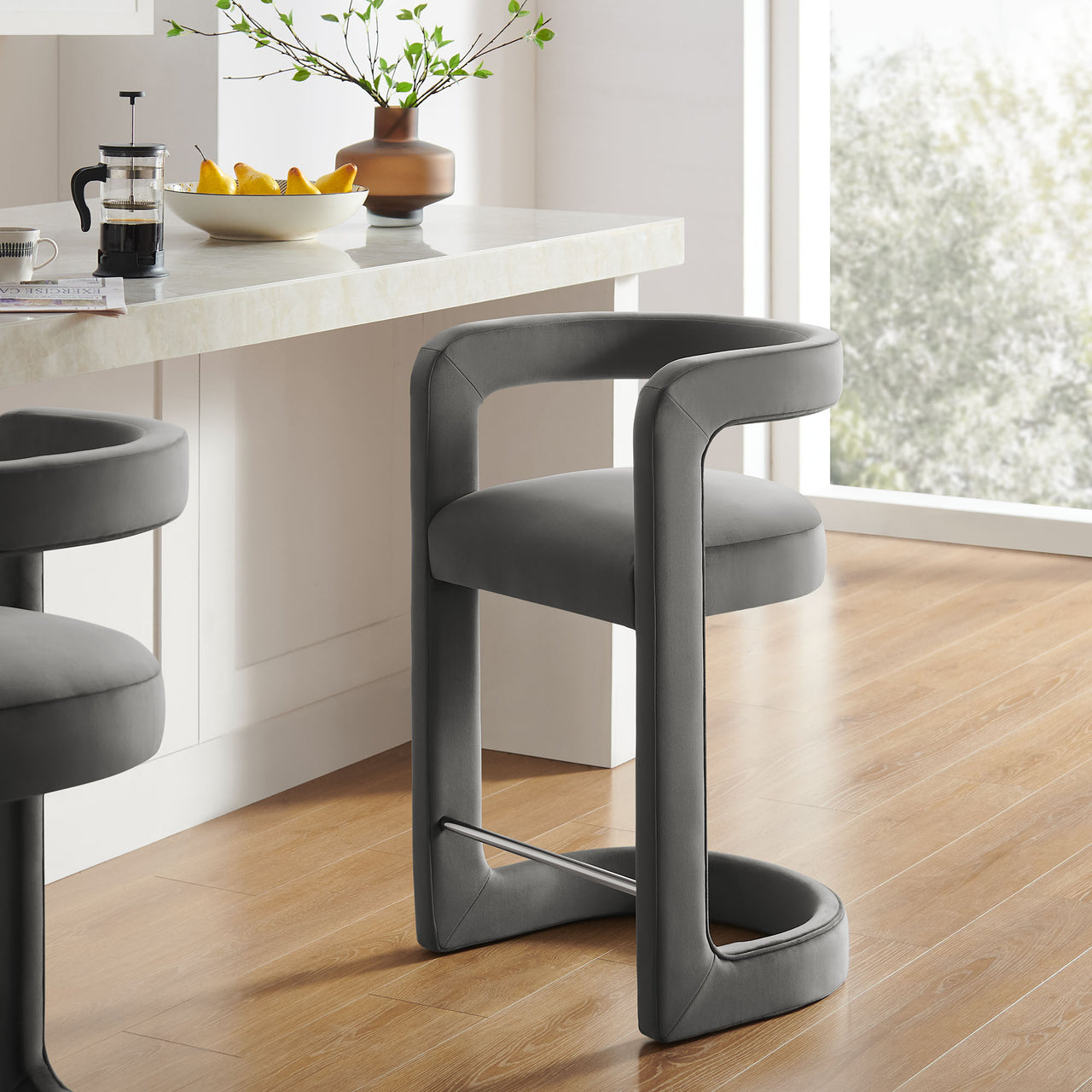 Aeria Upholstered Velvet Counter Stool, Charcoal