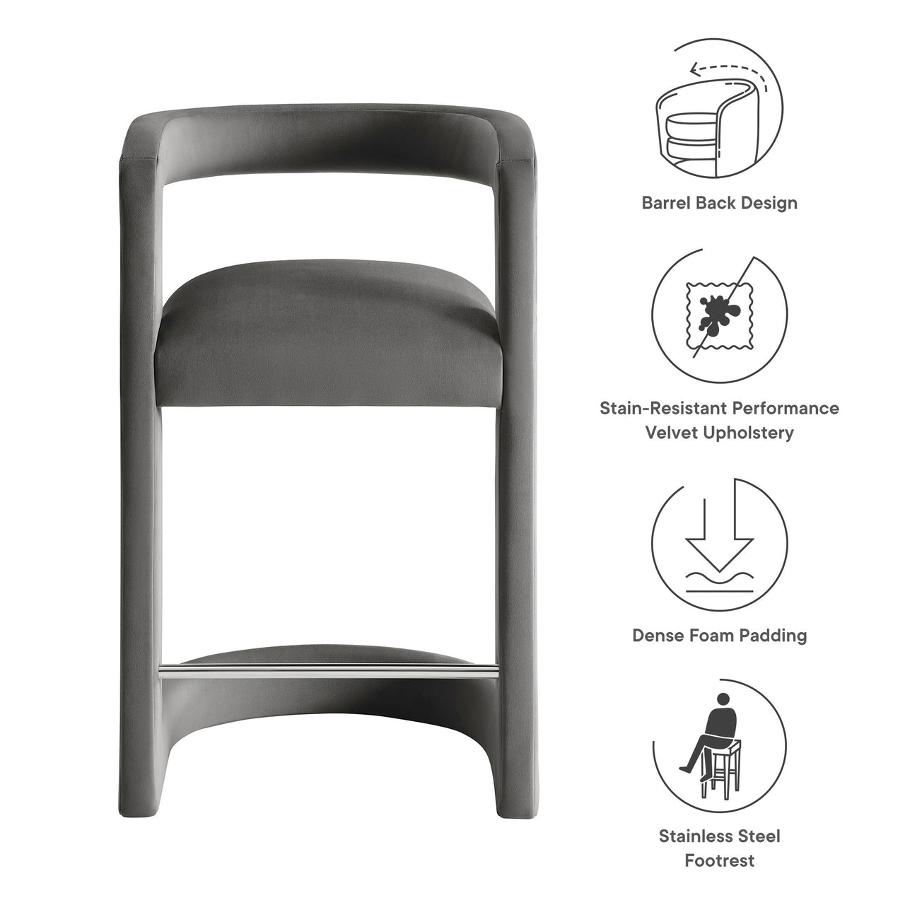 Aeria Upholstered Velvet Counter Stool, Charcoal