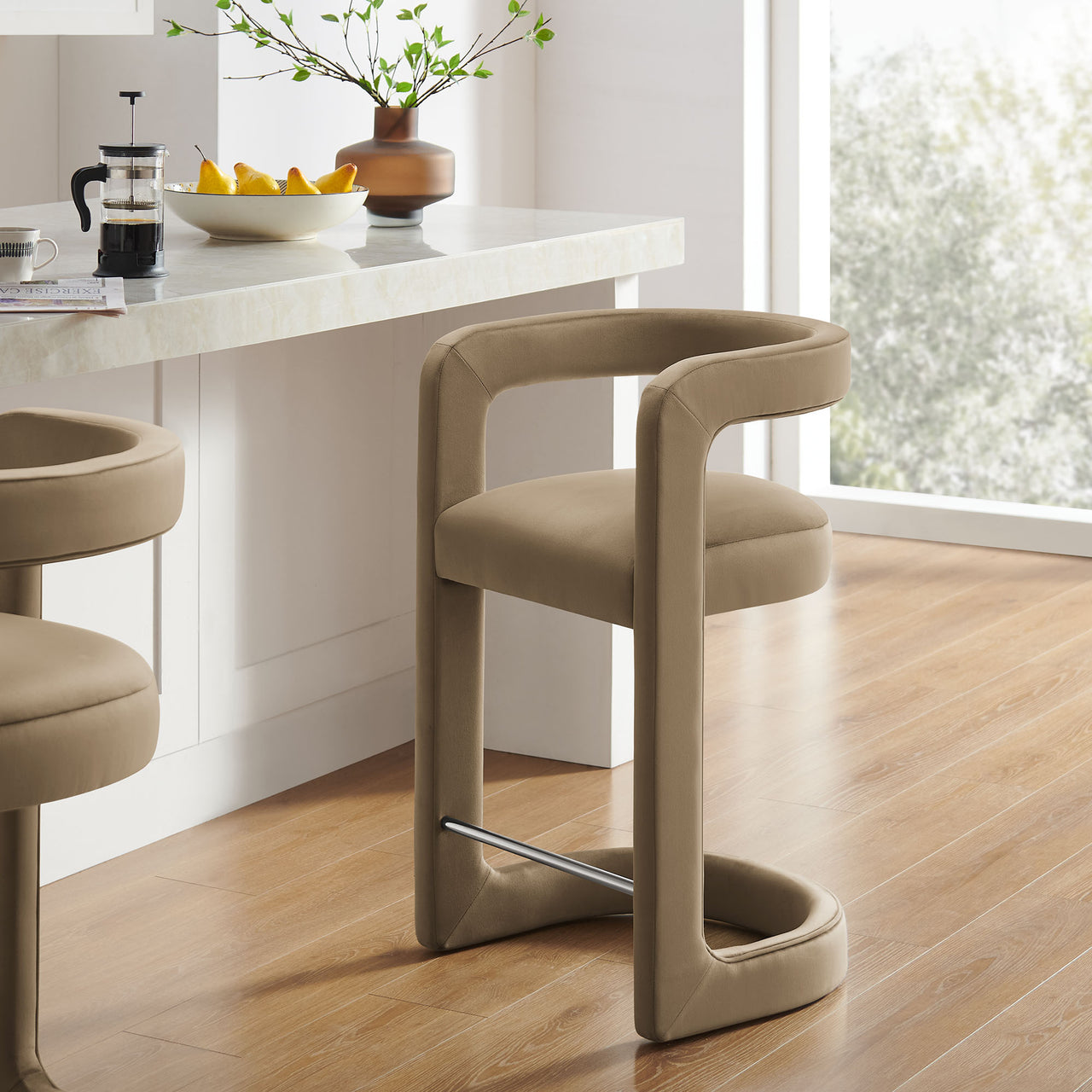 Aeria Upholstered Velvet Counter Stool, Taupe