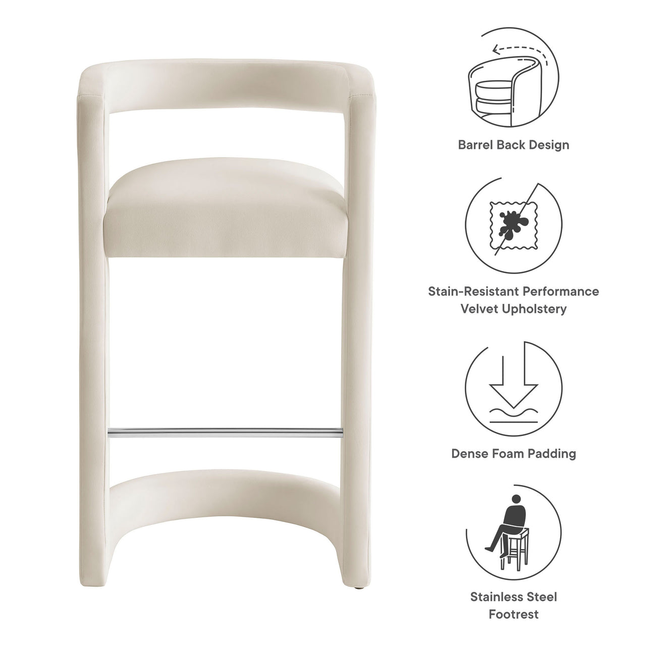 Aeria Upholstered Velvet Bar Stool, Chalk