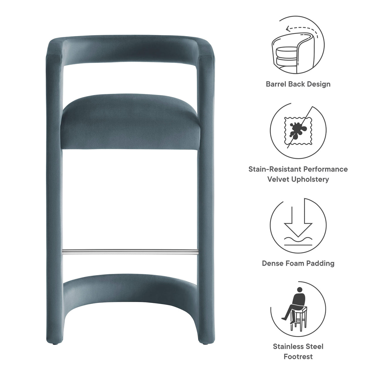 Aeria Upholstered Velvet Bar Stool, Slate
