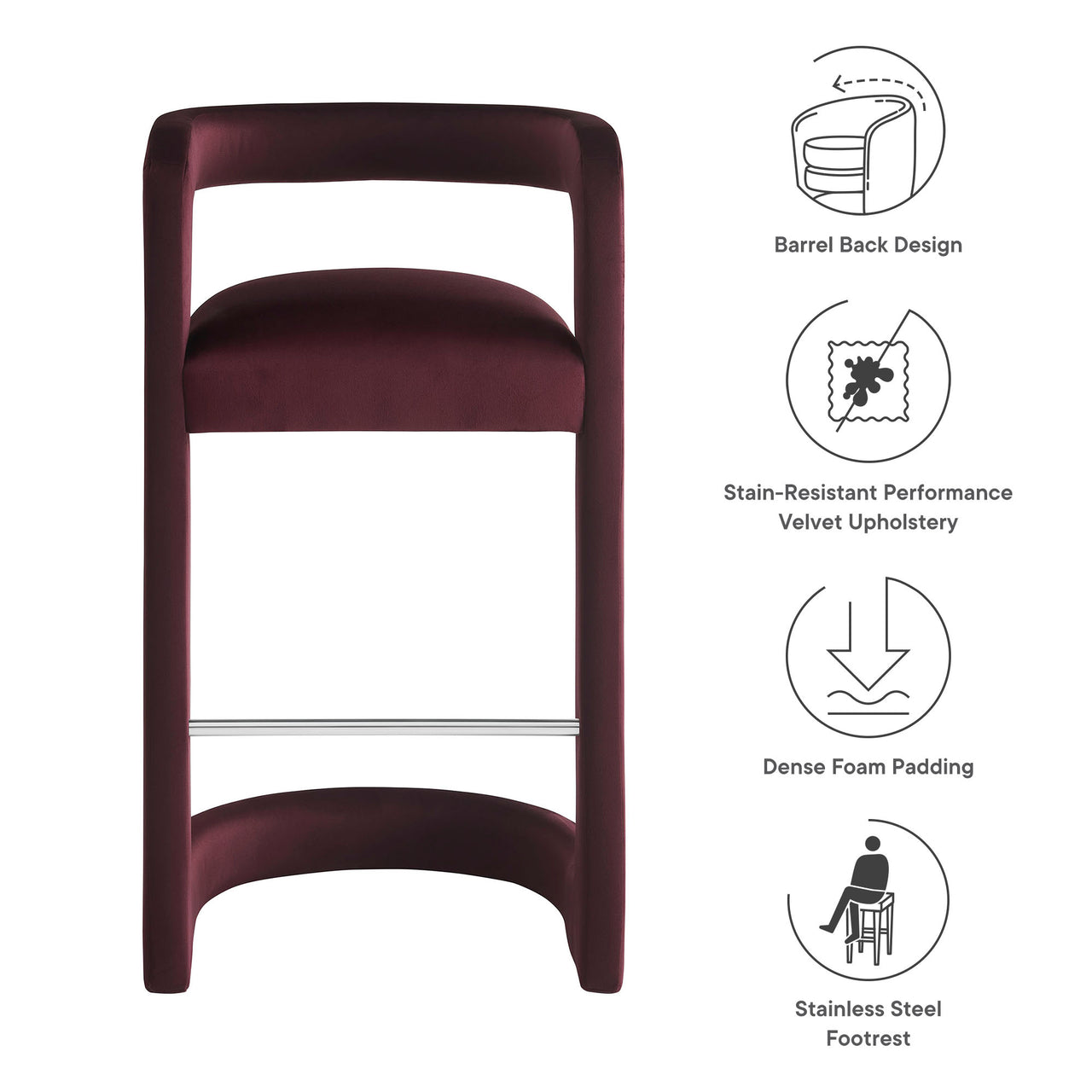 Aeria Upholstered Velvet Bar Stool, Wine