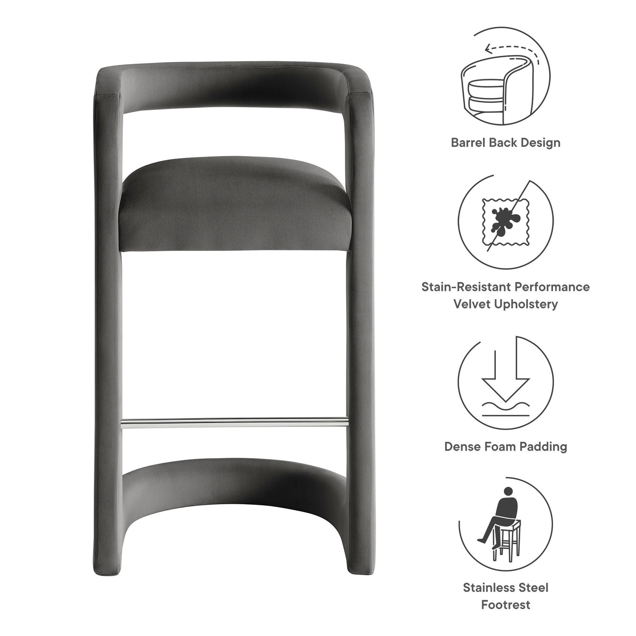Aeria Upholstered Velvet Bar Stool, Charcoal