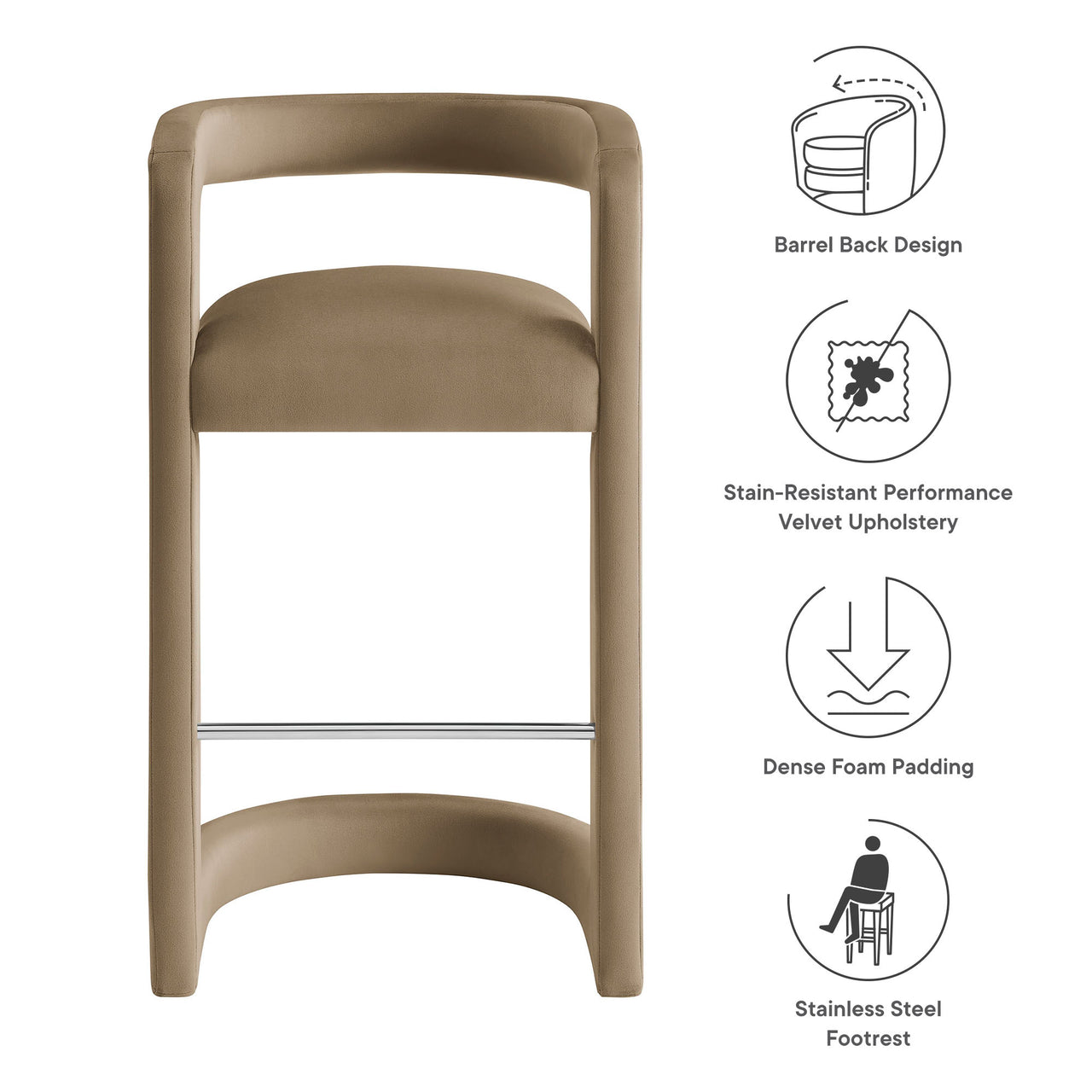 Aeria Upholstered Velvet Bar Stool, Taupe